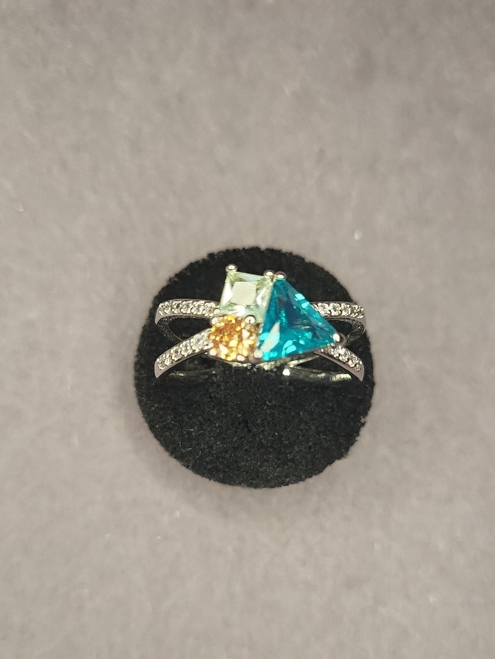 Triolet Three-Stone Silver Ring with Blue, Green and Yellow Gems